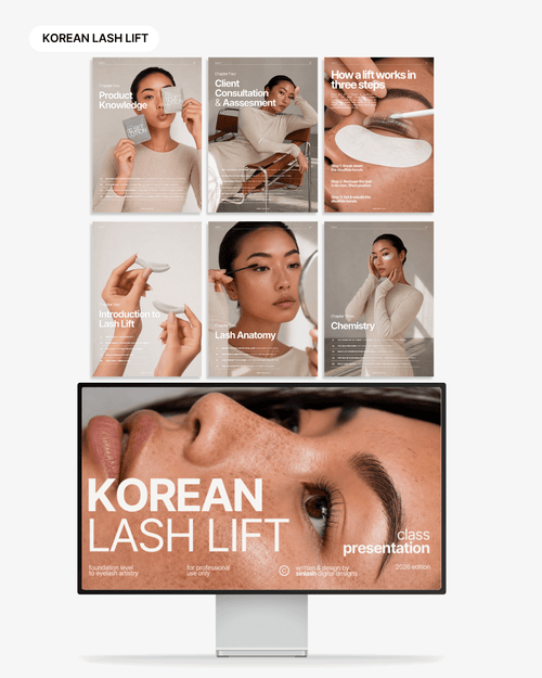 Korean Lash Lift manual chapter pages on lash anatomy, consultation and product knowledge, plus a class presentation slide