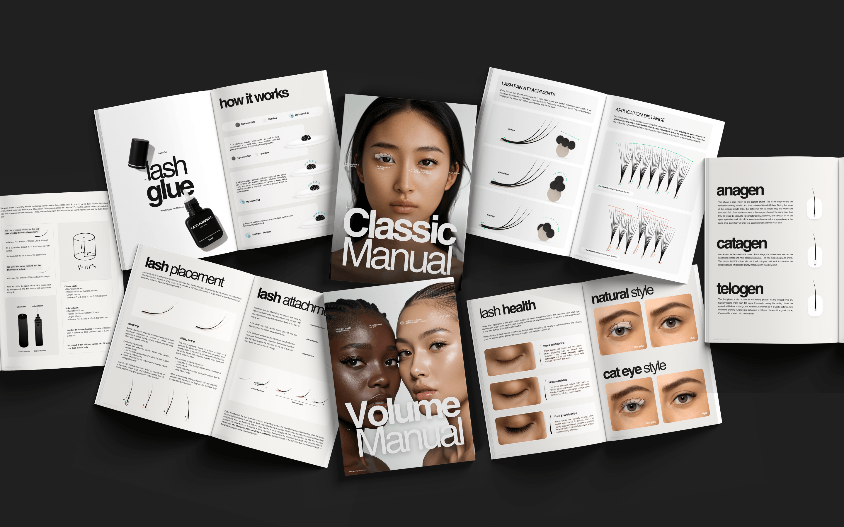 Collection of lash extension manuals on a black background