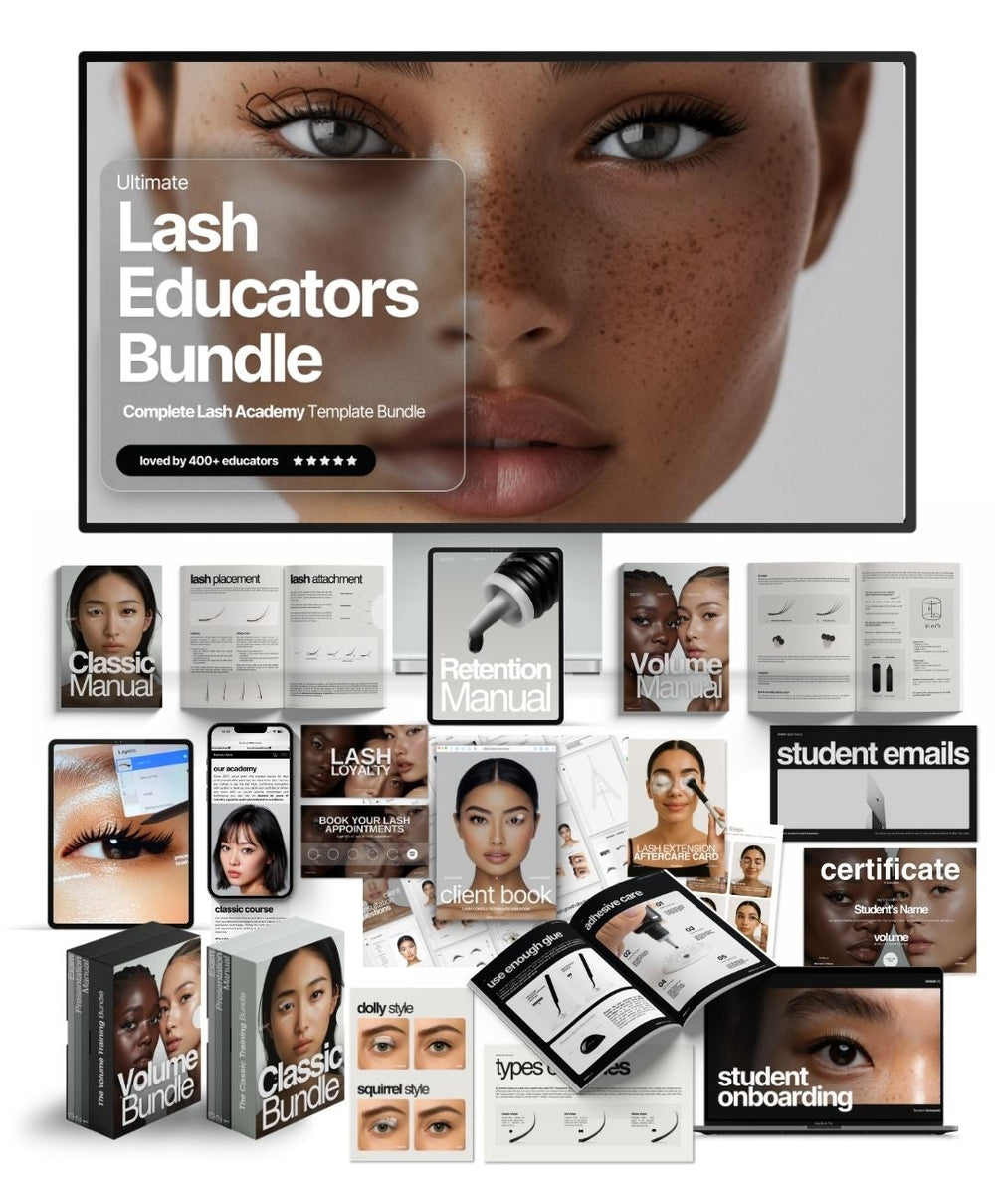 Lash educators bundle with various educational materials and resources on a white background