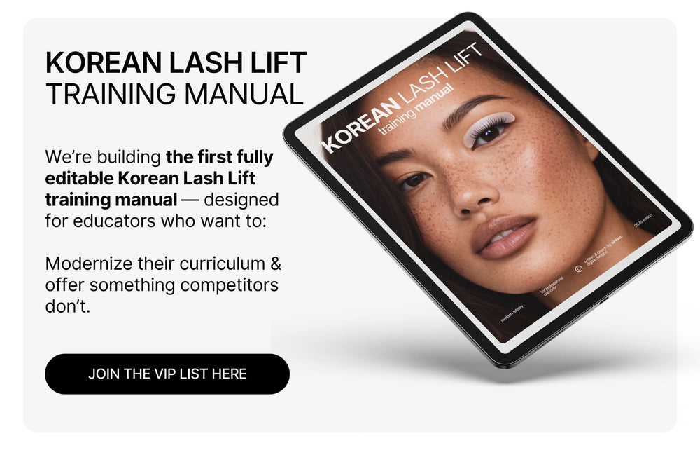 Korean Lash Lift training manual with a woman's face on the cover, displayed on a white background.