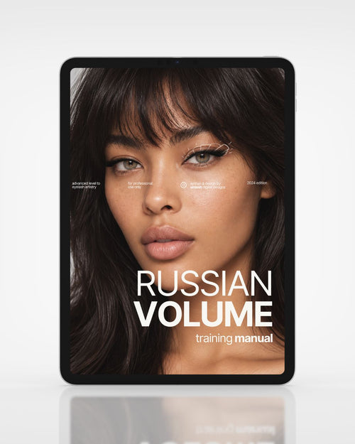 Russian Volume lash training manual cover displayed on a tablet